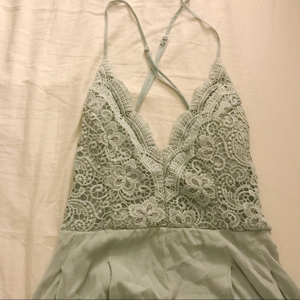 ANGL Pastel Green Backless Crochet Romper